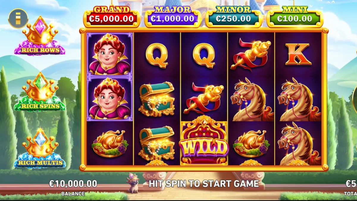 Tampilan visual slot King Richwin dengan tema kastil dan simbol kerajaan